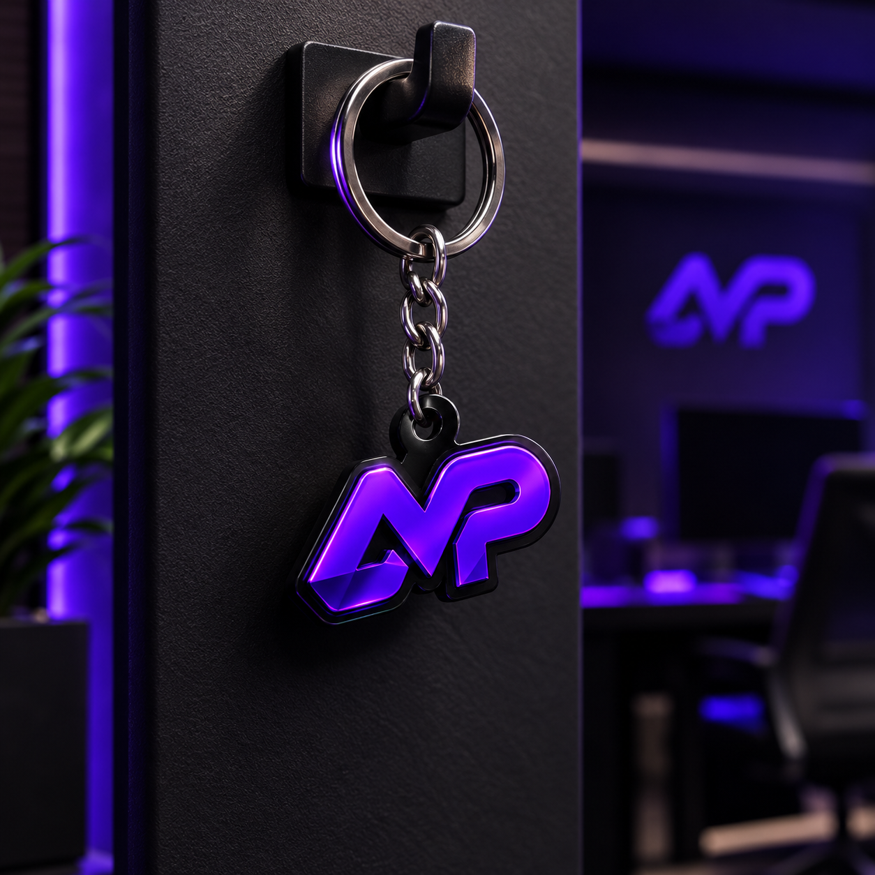 Chaveiro roxo com o símbolo MP da Moren Pag