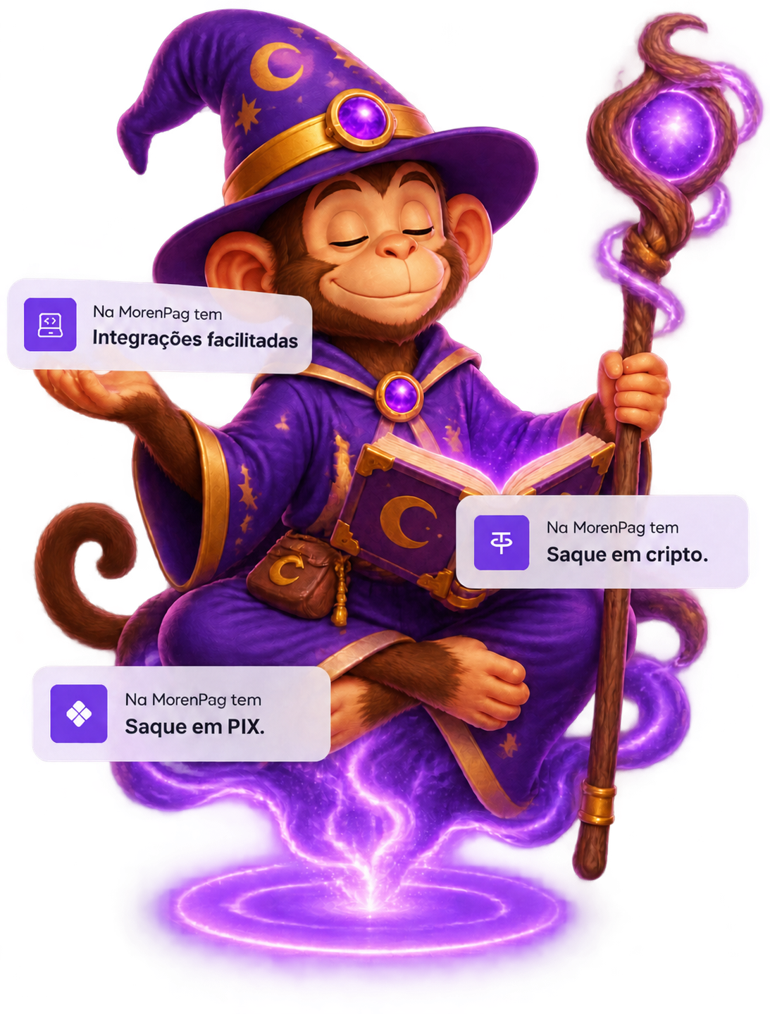 Mago mascote da MorenPag com cards de recursos: integrações facilitadas, saque em cripto e saque em Pix